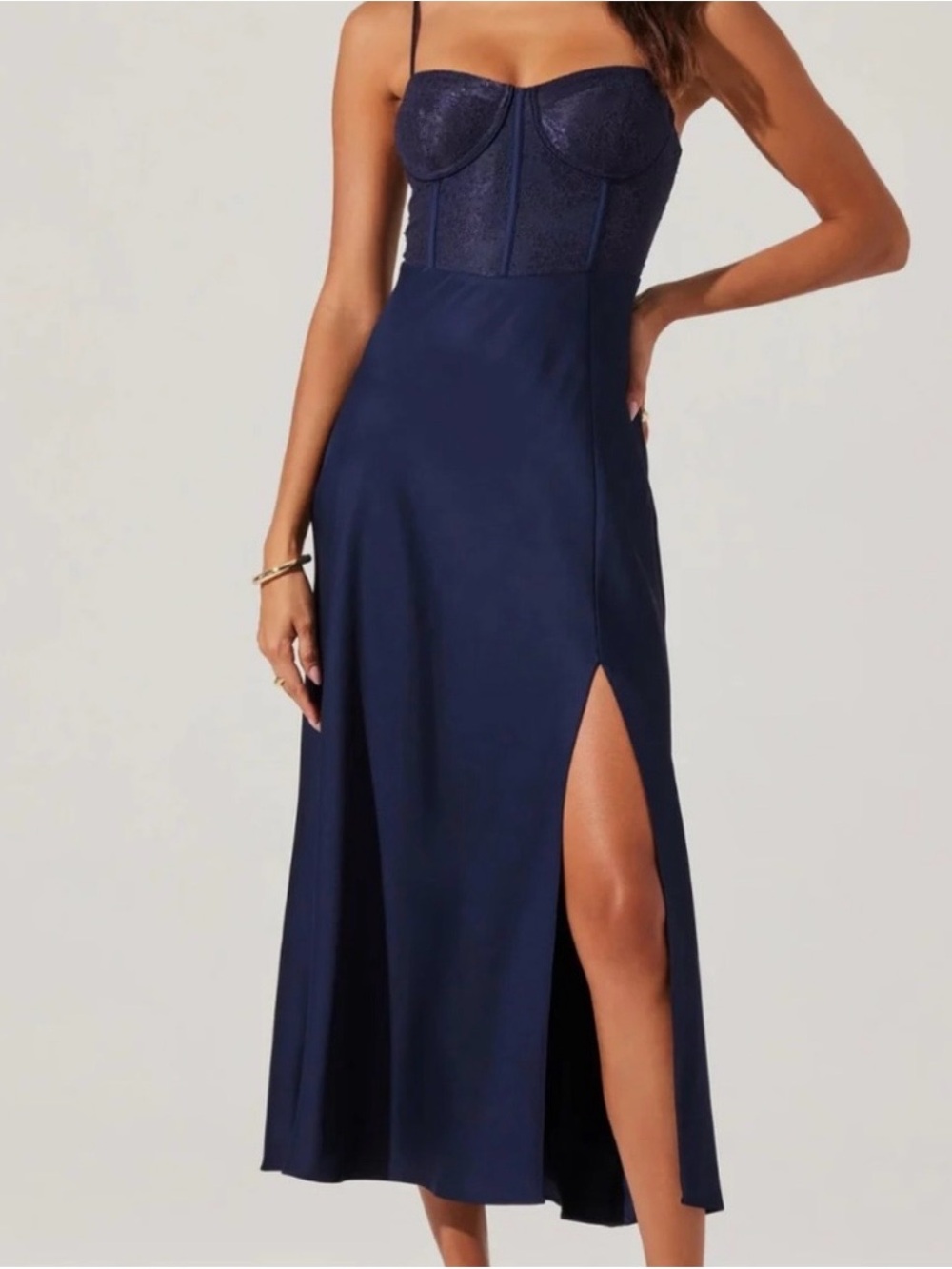 Astr Navy Strapless Bustier Midi Dress with Thigh Slit